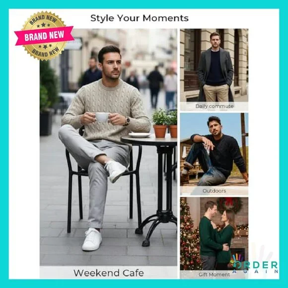 Classic Cable Knit Pullover Sweater Crewneck Minimal Chic Retro Menswear